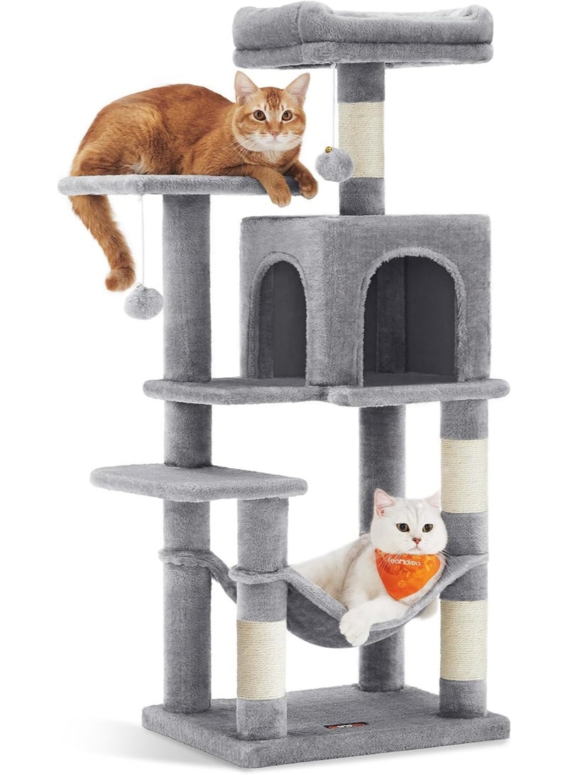 BLOOMING TIME Multi-Level Cat Tree Tower with Scratching Posts, Hammock, Condo, Ladder and Hanging Toys, Grey - Image 1