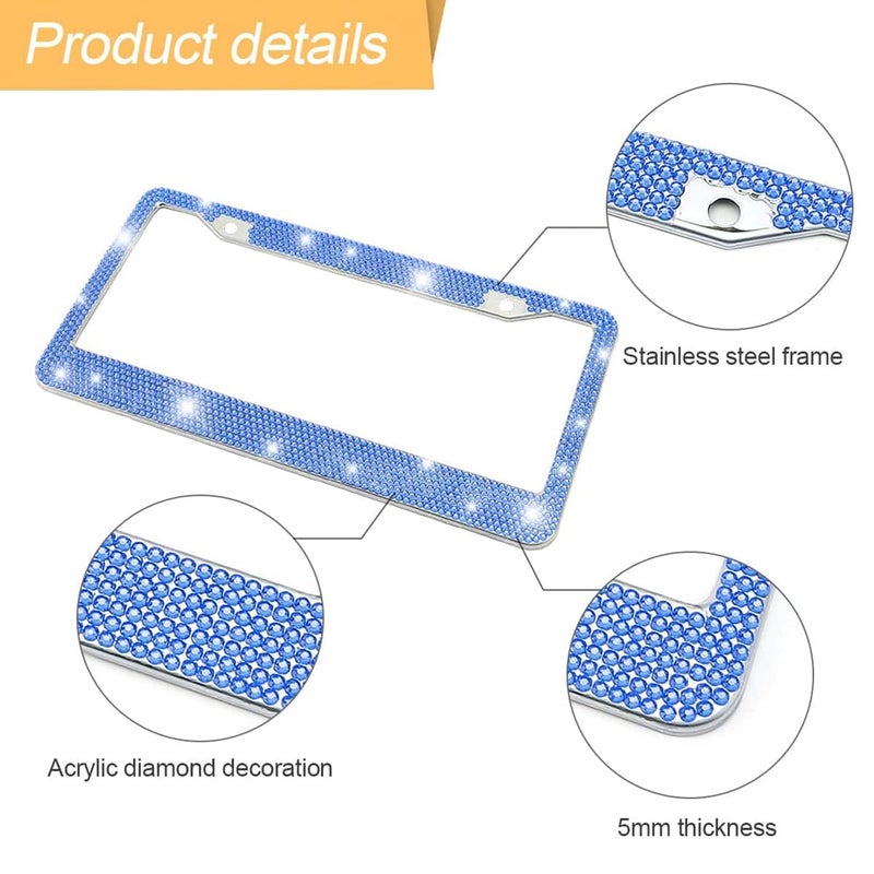 YALOK Bling 2Pcs Car License Plate Frame  Handcrafted Crystal Stainless Steel License Plate Frame  Sparkly  Durable  Universal Fit  Car Accessories For Girls  Women (Dark Blue) - Image 3