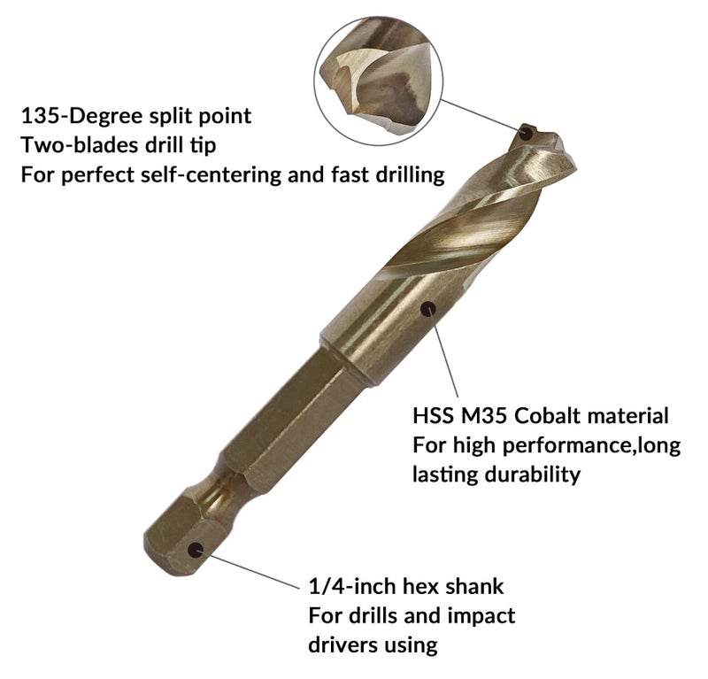 NordWolf 21/64" M35 Cobalt Stubby Drill Bit for Stainless Steel & Hard Metals, with 1/4" Hex Shank for Quick Chucks & Impact Drivers - Image 3