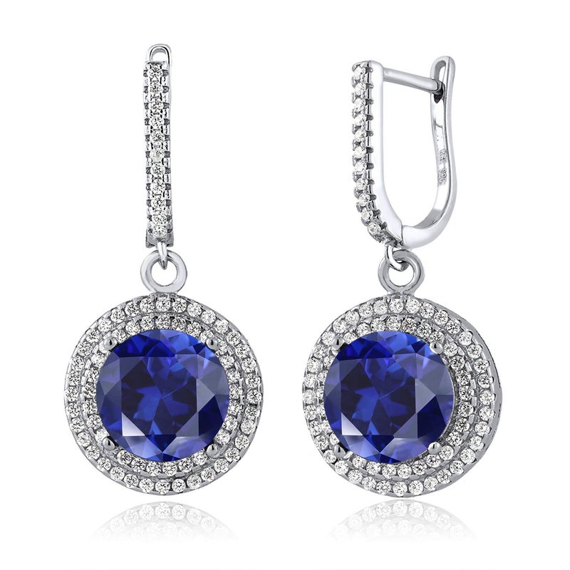 Gem Stone King 9.48 Cttw Round Blue Simulated Sapphire Drop Dangle Earrings For Women In 925 Sterling Silver | Round 10MM - Image 4