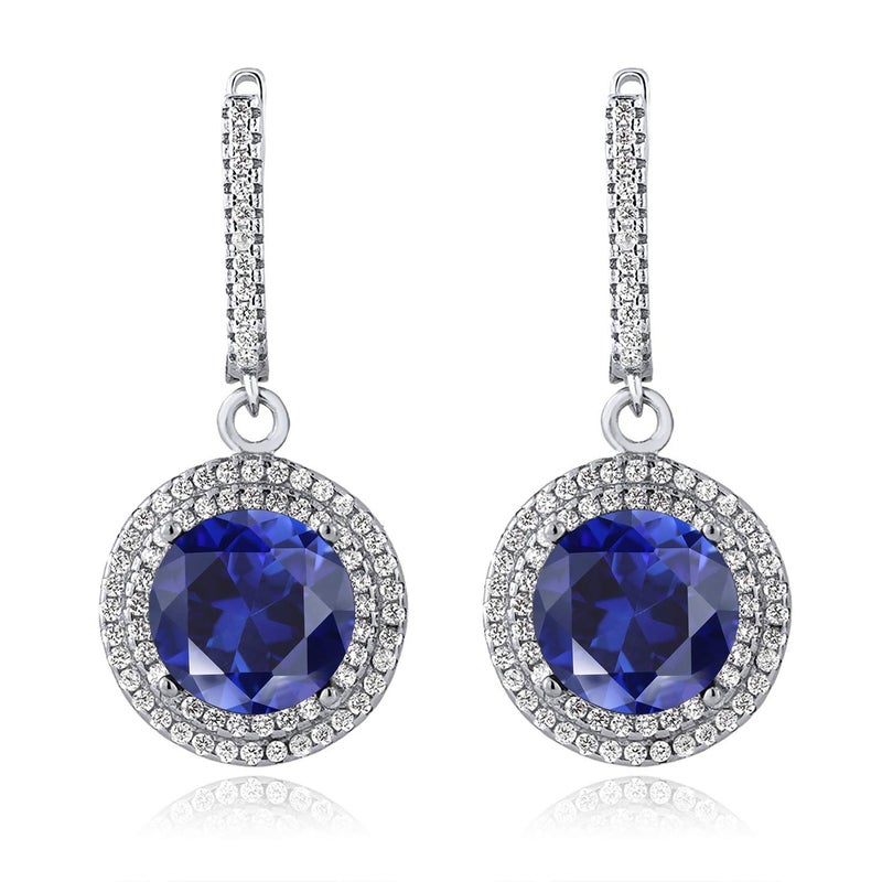 Gem Stone King 9.48 Cttw Round Blue Simulated Sapphire Drop Dangle Earrings For Women In 925 Sterling Silver | Round 10MM - Image 3