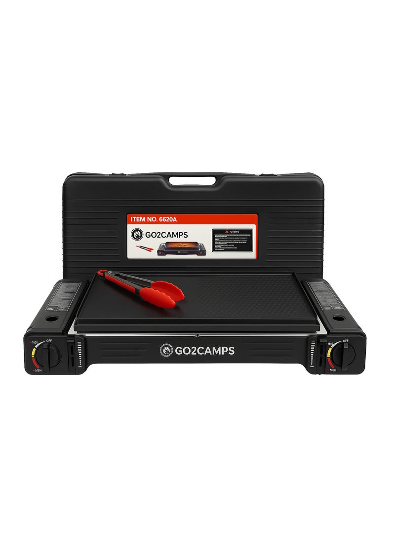 GO2CAMPS Double Burner Portable Butane Camping Stove with Cast Iron BBQ Grill Tray, 4 PCS Butane Gas Cartridges, Stainless Steel Serving Tong & Heavy-Duty Carry Case | Outdoor BBQ, Frying, Hamburger, Camping, Picnic & Travel Cooking Combo Set - Image 2