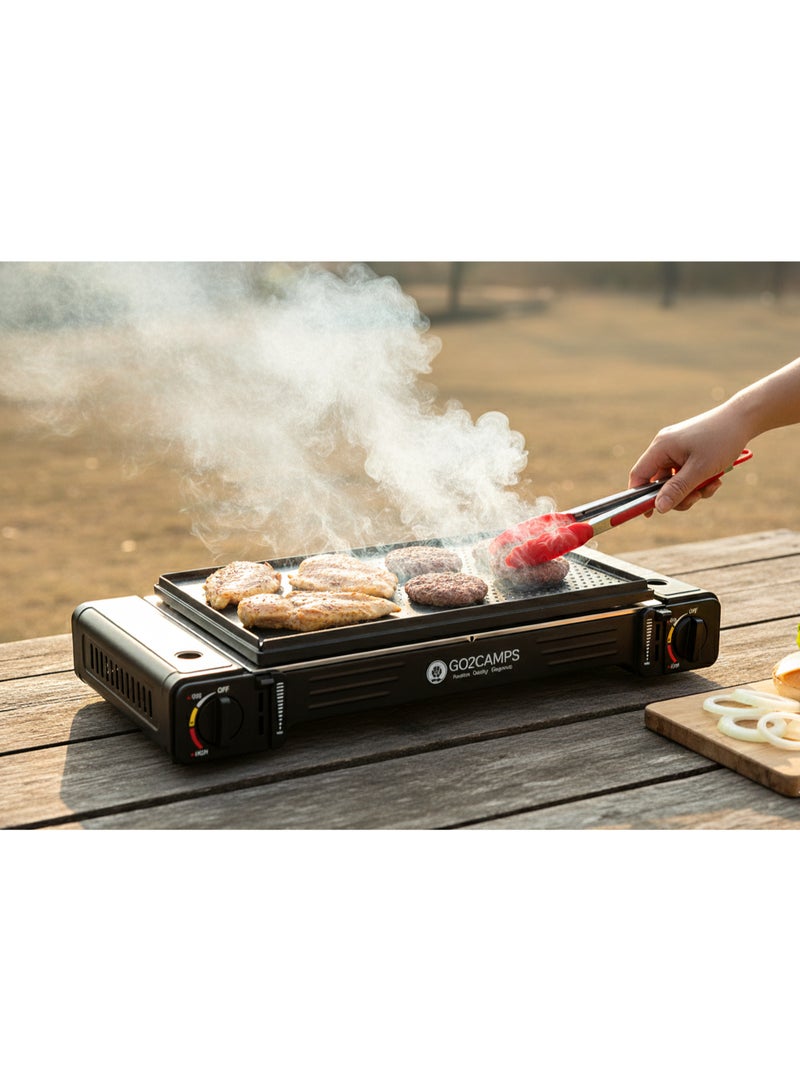 GO2CAMPS Double Burner Portable Butane Camping Stove with Cast Iron BBQ Grill Tray, 4 PCS Butane Gas Cartridges, Stainless Steel Serving Tong & Heavy-Duty Carry Case | Outdoor BBQ, Frying, Hamburger, Camping, Picnic & Travel Cooking Combo Set - Image 3