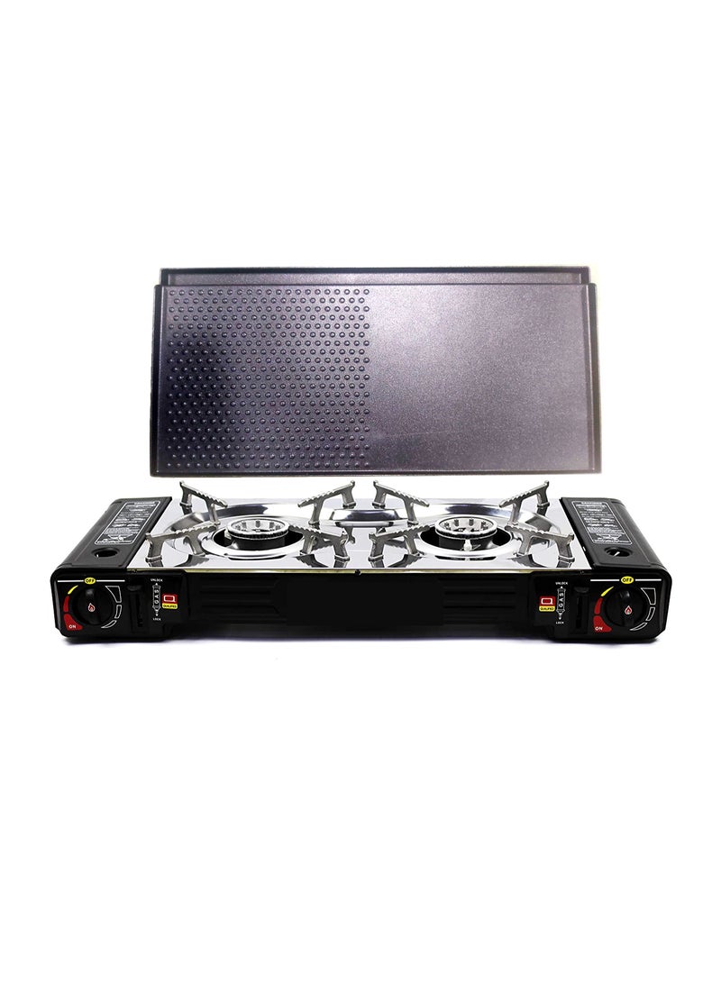 GO2CAMPS Double Burner Portable Butane Camping Stove with Cast Iron BBQ Grill Tray, 4 PCS Butane Gas Cartridges, Stainless Steel Serving Tong & Heavy-Duty Carry Case | Outdoor BBQ, Frying, Hamburger, Camping, Picnic & Travel Cooking Combo Set - Image 4
