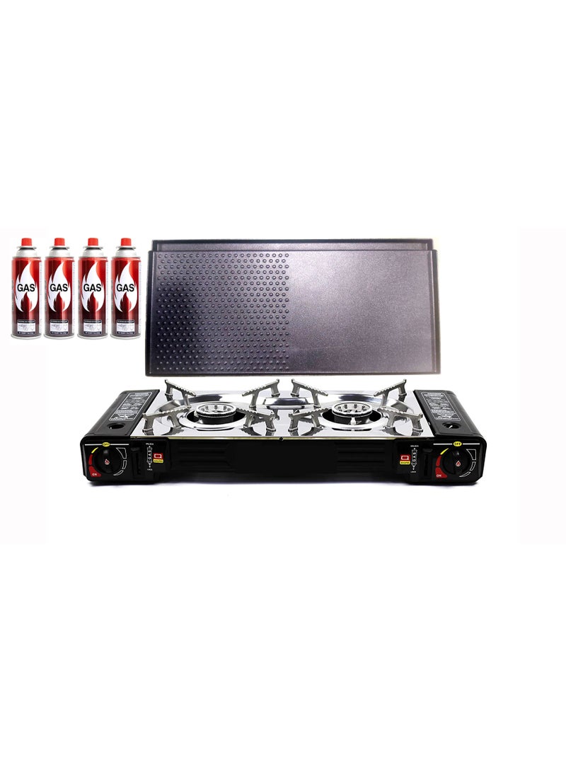 GO2CAMPS Double Burner Portable Butane Camping Stove with Cast Iron BBQ Grill Tray, 4 PCS Butane Gas Cartridges, Stainless Steel Serving Tong & Heavy-Duty Carry Case | Outdoor BBQ, Frying, Hamburger, Camping, Picnic & Travel Cooking Combo Set - Image 5