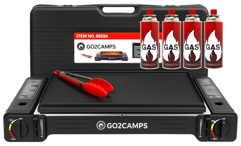 GO2CAMPS Double Burner Portable Butane Camping Stove with Cast Iron BBQ Grill Tray, 4 PCS Butane Gas Cartridges, Stainless Steel Serving Tong & Heavy-Duty Carry Case | Outdoor BBQ, Frying, Hamburger, Camping, Picnic & Travel Cooking Combo Set - Image 1