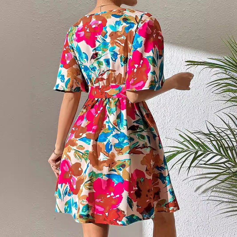 Women's Floral Print Cross Neck Belted Dress - Image 2
