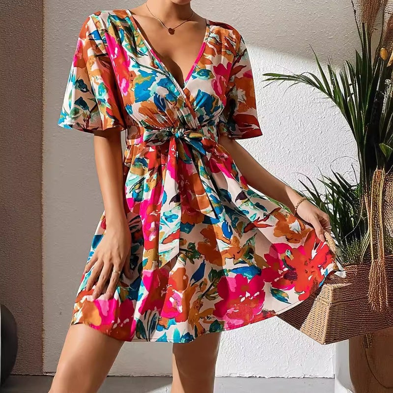 Women's Floral Print Cross Neck Belted Dress - Image 3