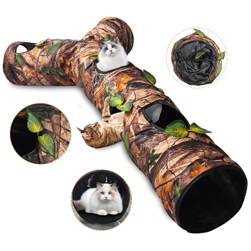 GRETMIX Cat Tunnels for Indoor Cats Large, 3 Way Cat Tunnel with 5 Holes and Leaves, Cat Tunnel Toy with Loud Paper - Pop Up Collapsible - Connect More Tunnels for Large Cat, Puppy, Kitten - Image 1
