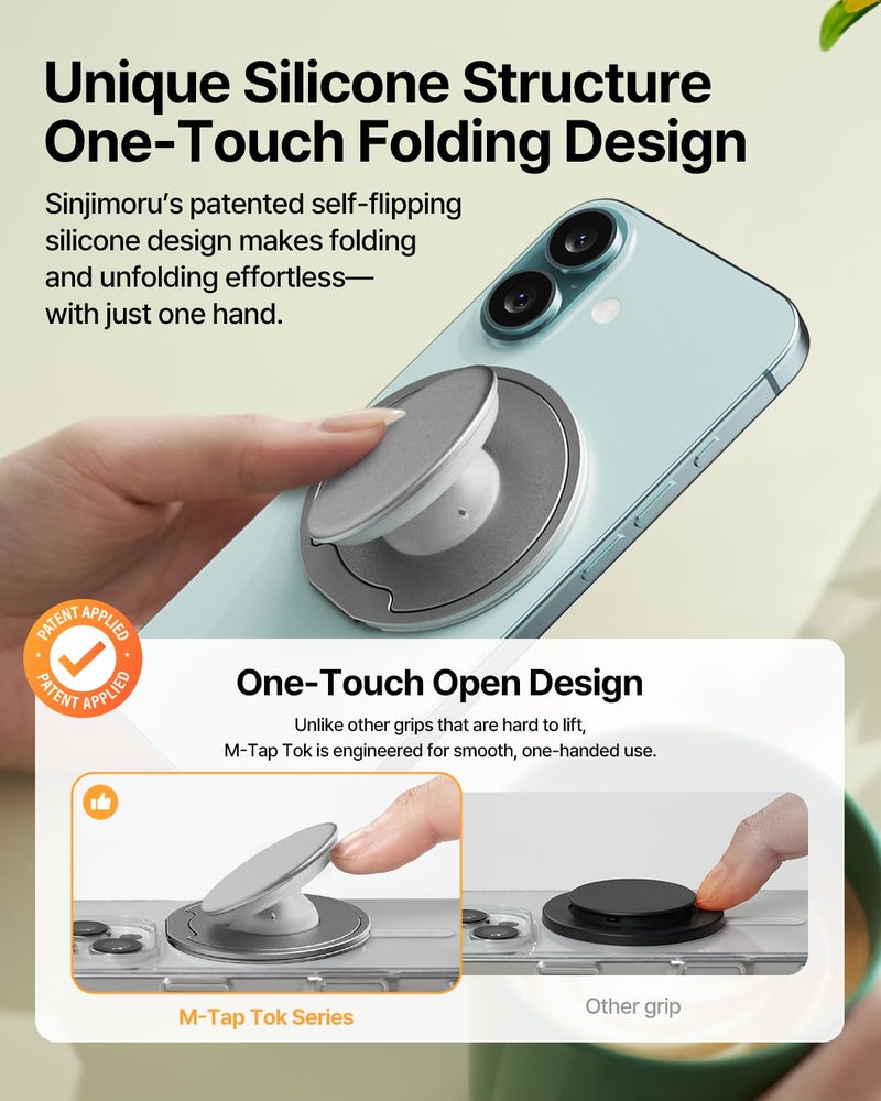 Sinjimoru for MagSafe Phone Grip â€” 3000G Magnetic Hold, Soft Silicone Comfort, Metal Plate Included, iPhone 17/16/15/14/13, M-Tap Tok Ring Stand Black - Image 5