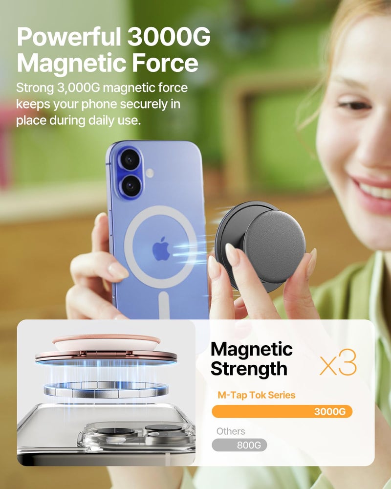 Sinjimoru for MagSafe Phone Grip â€” 3000G Magnetic Hold, Soft Silicone Comfort, Metal Plate Included, iPhone 17/16/15/14/13, M-Tap Tok Ring Stand Black - Image 4