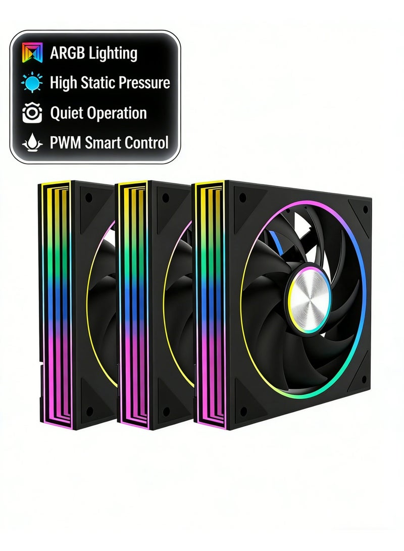 باور مجموعة من 3 مراوح تبريد مقاس 120 مم بتقنية ARGB RGB PWM لضغط الهواء الساكن لأجهزة الكمبيوتر - تبريد هادئ بتدفق هواء عالٍ لأجهزة الكمبيوتر المخصصة للألعاب وأنظمة التبريد السائل. - Image 2