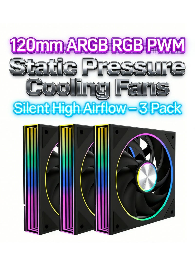 باور مجموعة من 3 مراوح تبريد مقاس 120 مم بتقنية ARGB RGB PWM لضغط الهواء الساكن لأجهزة الكمبيوتر - تبريد هادئ بتدفق هواء عالٍ لأجهزة الكمبيوتر المخصصة للألعاب وأنظمة التبريد السائل. - Image 4