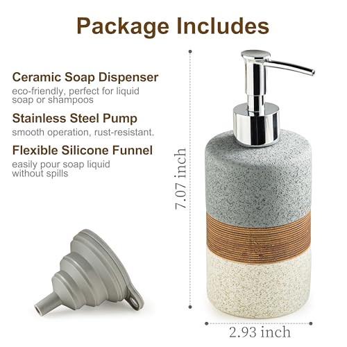 Cormomu Ceramic Soap Dispenser Set for Hand Soap, Shampoo, Dish Soap, Conditioner, Bathroom & Kitchen, Stainless Steel Pump, Includes Silicone Funnel, 12 Oz, Non-Slip, Elegant Kitchen Decor, Gray - Image 4