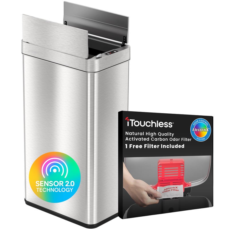 iTouchless 18 Gallon Sensor 2.0 Technology Wings Open Sensor Kitchen Trash Can with AbsorbX Odor Filter and Dog-Proof Lid Lock, Slim Stainless Steel Bin for Home Office Garage Business Store School - Image 1