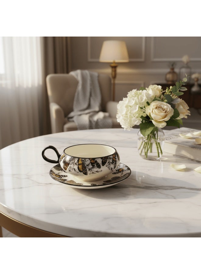 AKDC Elegant  200ml White Ceramic Cup & Saucer Set with Artistic Black Butterfly Design, Decorative Drinkware - Image 2