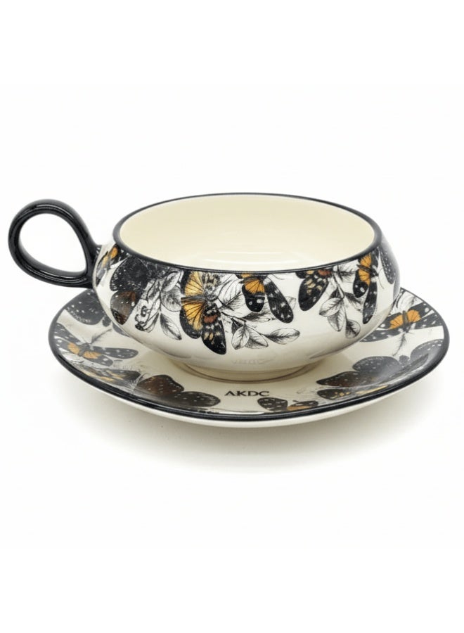 AKDC Elegant  200ml White Ceramic Cup & Saucer Set with Artistic Black Butterfly Design, Decorative Drinkware - Image 1