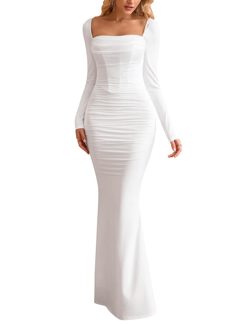 EYNMIN Corset Maxi Dress Long Sleeve Square Neck Ruched Bodycon Elegant Formal Wedding Guest Dresses for Women White - Image 1