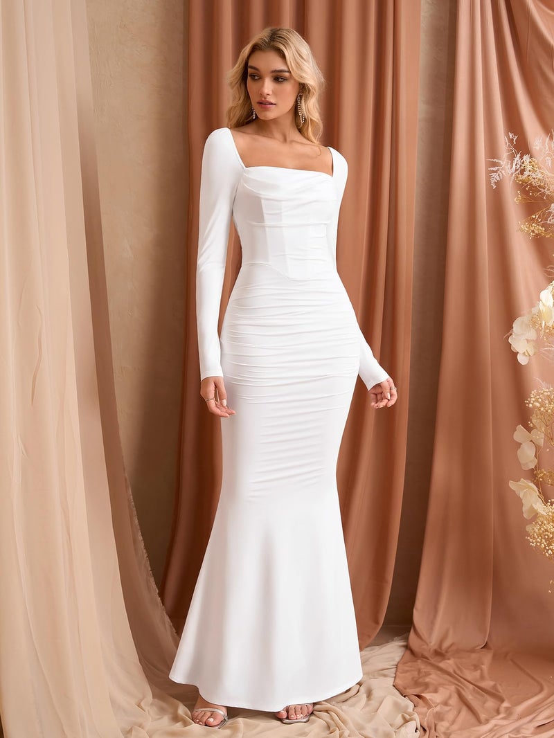 EYNMIN Corset Maxi Dress Long Sleeve Square Neck Ruched Bodycon Elegant Formal Wedding Guest Dresses for Women White - Image 2