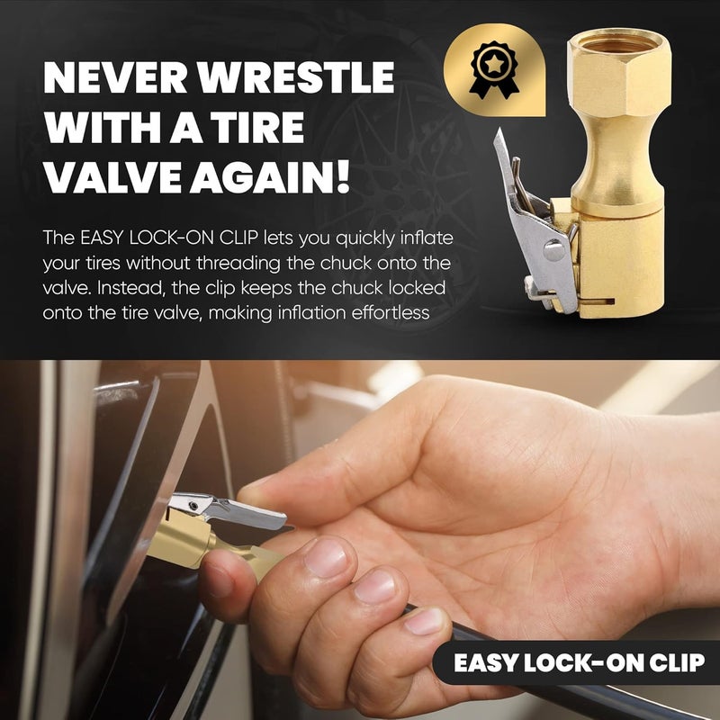 Ram-Pro Air Chuck, Closed Flow Heavy-Duty Locking Tire Air Chuck, With Quick Connect, Solid Brass, 1/4 Inch Female NPT Thread, 250 PSI, Fits Most Air Hose, Air Inflators, - 2 in a Pack - Image 3
