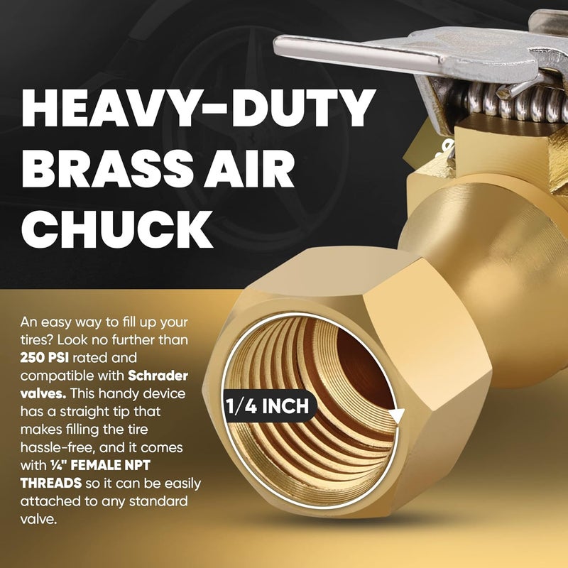 Ram-Pro Air Chuck, Closed Flow Heavy-Duty Locking Tire Air Chuck, With Quick Connect, Solid Brass, 1/4 Inch Female NPT Thread, 250 PSI, Fits Most Air Hose, Air Inflators, - 2 in a Pack - Image 5