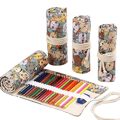 DIYOMR 24/36/72 Slots Pencil Wrap - Roll Up Bag for Artist Colored Pencils, Short Brushes, Drawing & Sketching, NO PENCILS (Cuddly Cat, 24slots) - Image 1