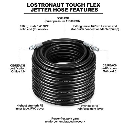 LOSTRONAUT Sewer Jetter Kit - Drain Cleaner Tool Clog Remover Kit Includes Tough Flex Pressure Washer Hose and 7 High End Nozzles and Adapters for Ultimate Drain Jet 1/4'' NPT (50) - Image 5