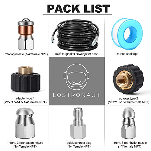 LOSTRONAUT Sewer Jetter Kit - Drain Cleaner Tool Clog Remover Kit Includes Tough Flex Pressure Washer Hose and 7 High End Nozzles and Adapters for Ultimate Drain Jet 1/4'' NPT (50) - Image 2