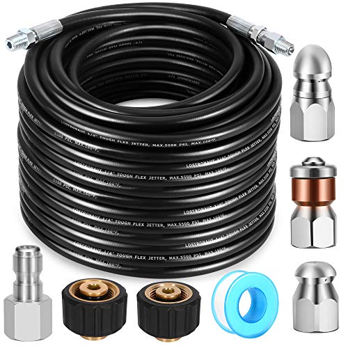LOSTRONAUT Sewer Jetter Kit - Drain Cleaner Tool Clog Remover Kit Includes Tough Flex Pressure Washer Hose and 7 High End Nozzles and Adapters for Ultimate Drain Jet 1/4'' NPT (50) - Image 1