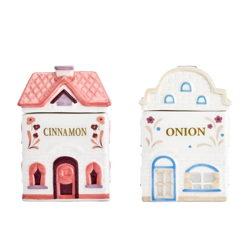 Bico Spice Cottages Pink and White 4 oz Ceramic Spice Jar Set of 2 with Labels, Hand-Painted, Airtight Kitchen Spice Container Organizer - Image 1
