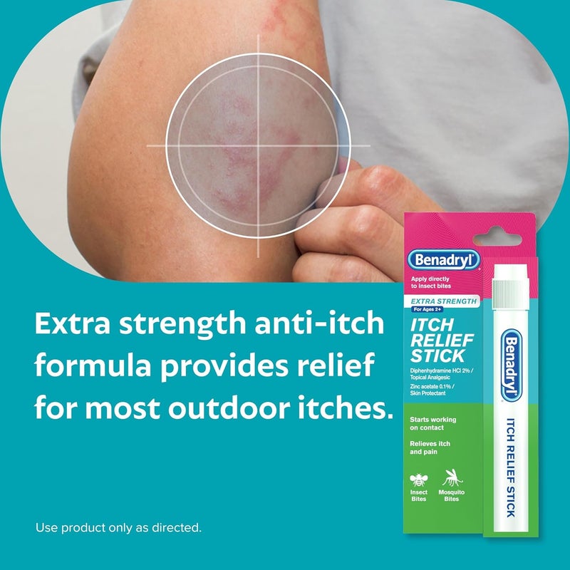 Benadryl Extra Strength Anti-Itch Relief Stick, Bug Bite Itch Relief, Diphenhydramine HCl Topical Analgesic & Zinc Acetate Skin Protectant, Great for Camping Essentials, 0.47 fl oz - Image 4