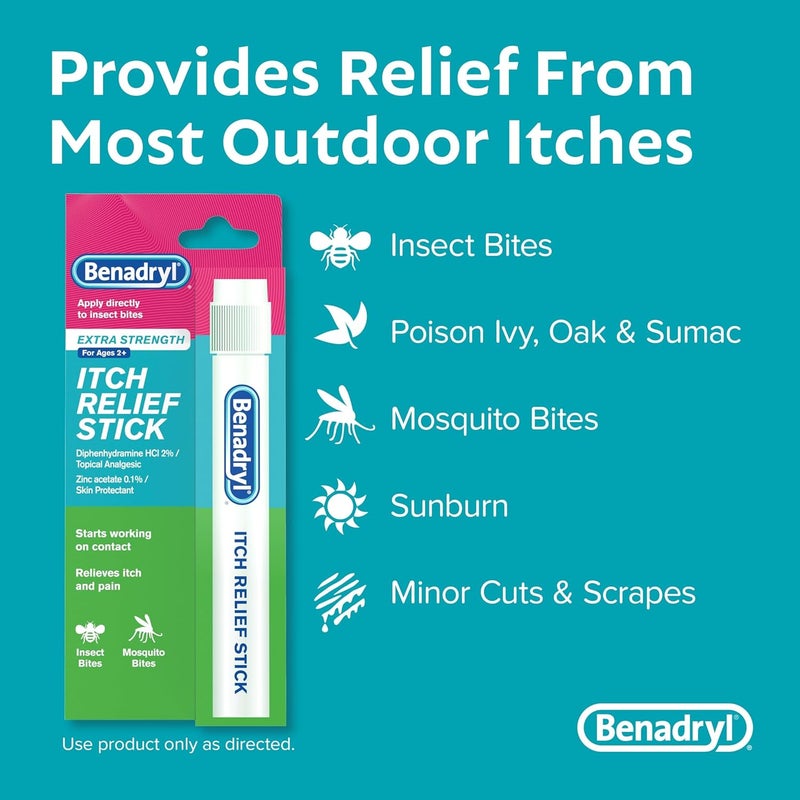 Benadryl Extra Strength Anti-Itch Relief Stick, Bug Bite Itch Relief, Diphenhydramine HCl Topical Analgesic & Zinc Acetate Skin Protectant, Great for Camping Essentials, 0.47 fl oz - Image 2
