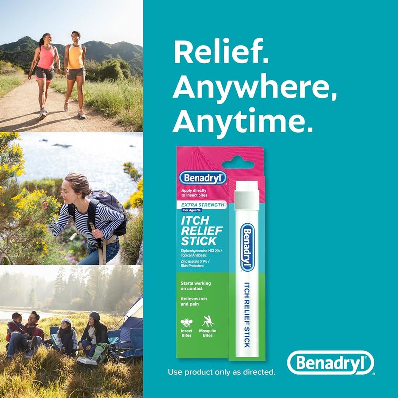 Benadryl Extra Strength Anti-Itch Relief Stick, Bug Bite Itch Relief, Diphenhydramine HCl Topical Analgesic & Zinc Acetate Skin Protectant, Great for Camping Essentials, 0.47 fl oz - Image 5