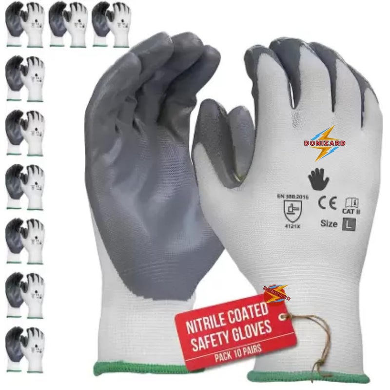 DONIZARD Pack 10 Pairs Reusable Nitrile Coated Nylon Cotton Safety Gloves For Men Industrial Gardening Gloves Hand Gloves For Men Industrial Gloves Working Gloves For Men Cutresistant Work Gloves  - Image 1