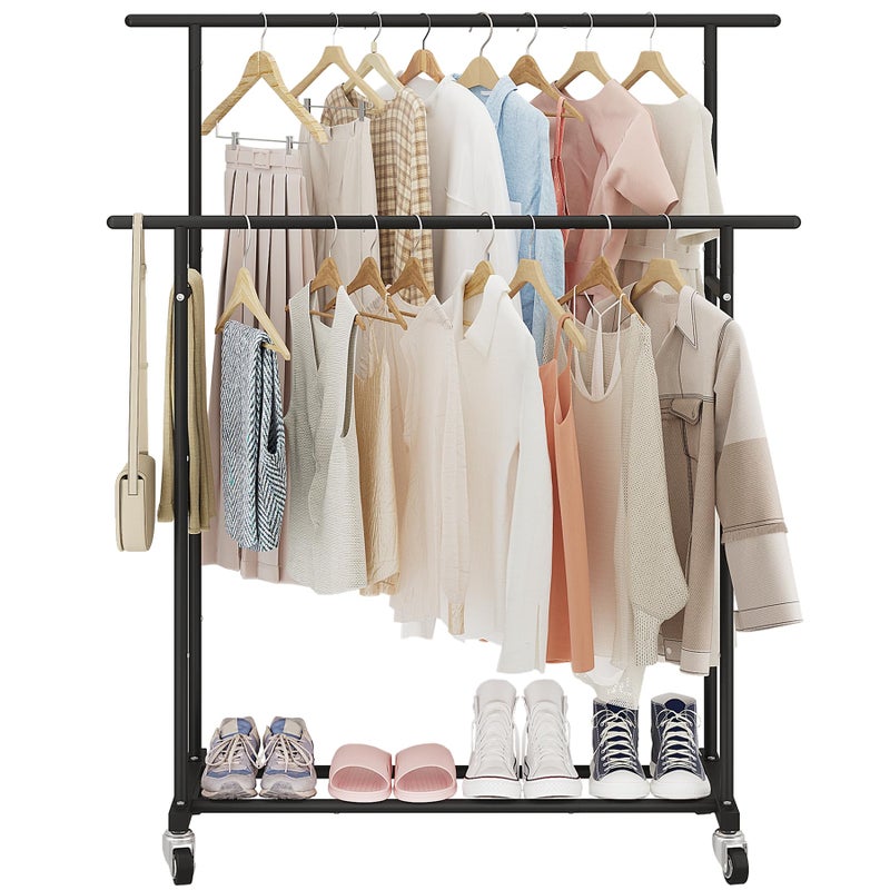 Calmootey Double Rod Clothing Garment Rack,Rolling Hanging Clothes Rack,Portable Clothes Organizer for Bedroom,Living Room,Clothing Store,Black - Image 2