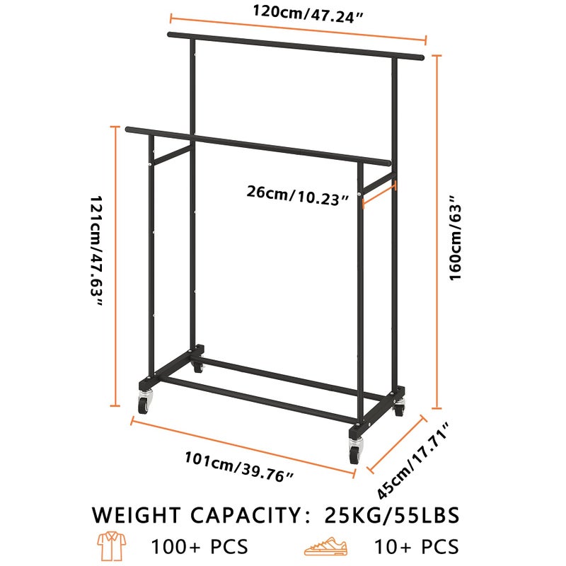 Calmootey Double Rod Clothing Garment Rack,Rolling Hanging Clothes Rack,Portable Clothes Organizer for Bedroom,Living Room,Clothing Store,Black - Image 3