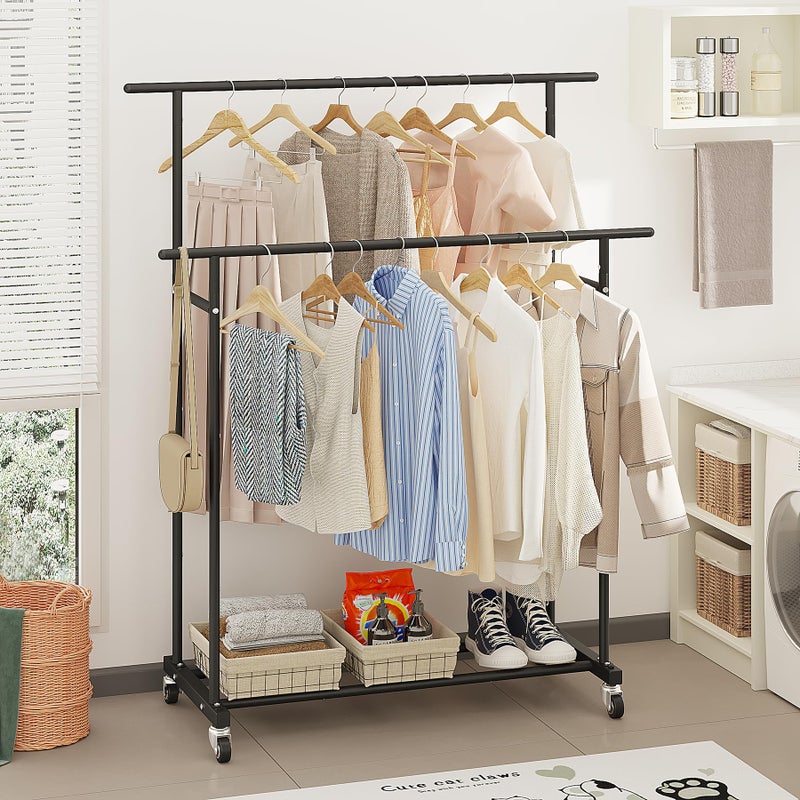 Calmootey Double Rod Clothing Garment Rack,Rolling Hanging Clothes Rack,Portable Clothes Organizer for Bedroom,Living Room,Clothing Store,Black - Image 4
