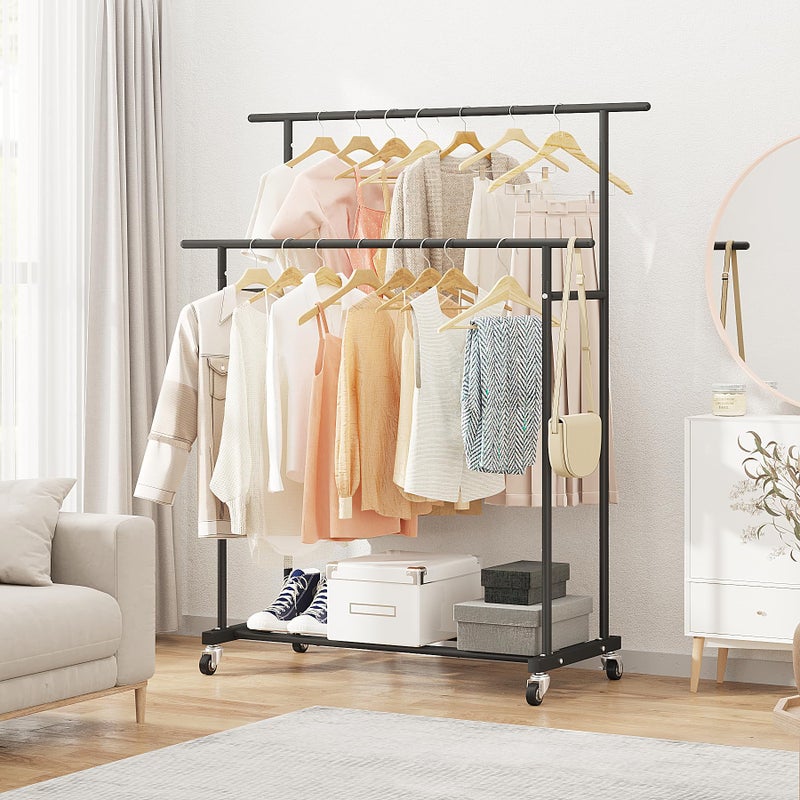 Calmootey Double Rod Clothing Garment Rack,Rolling Hanging Clothes Rack,Portable Clothes Organizer for Bedroom,Living Room,Clothing Store,Black - Image 5