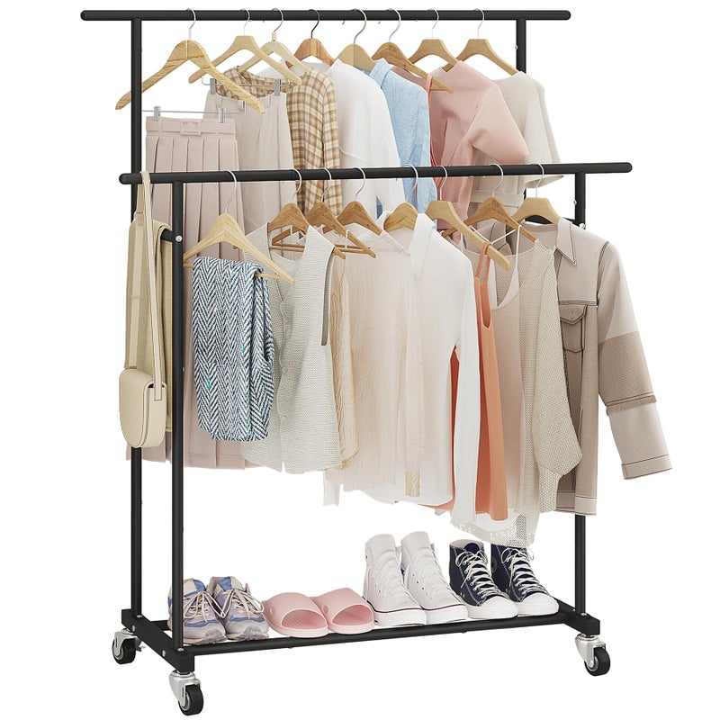Calmootey Double Rod Clothing Garment Rack,Rolling Hanging Clothes Rack,Portable Clothes Organizer for Bedroom,Living Room,Clothing Store,Black - Image 1