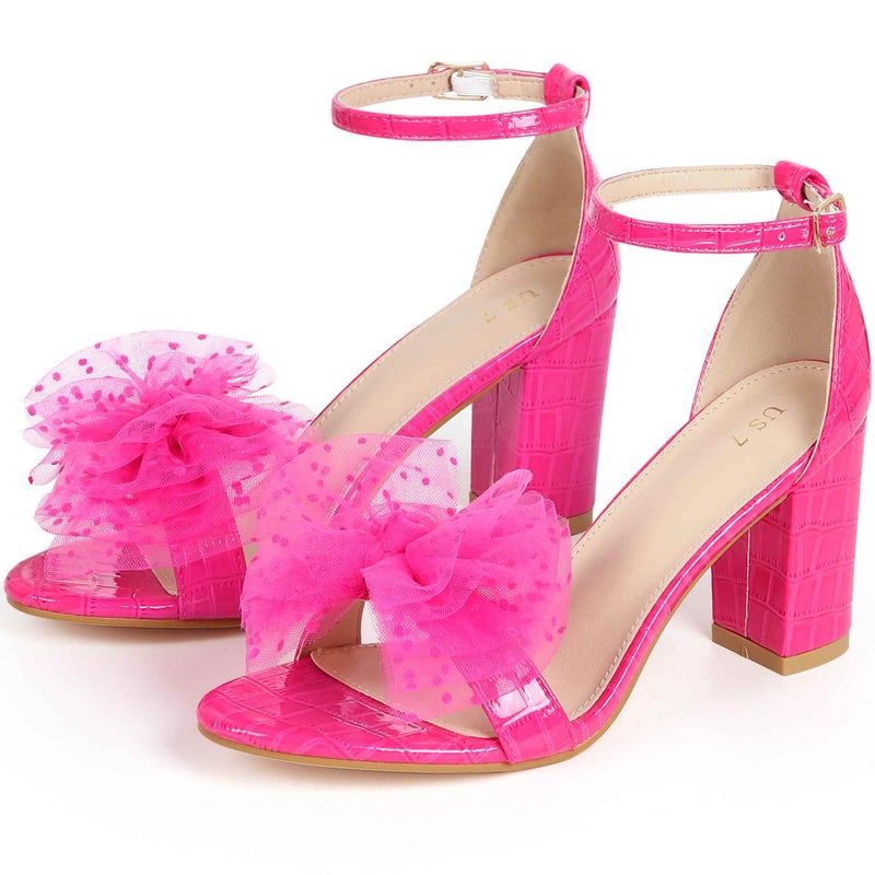 Perphy Ankle Strap Stone Printed Chunky Heel Hot Pink Bow Sandals for Women 8 M US - Image 1