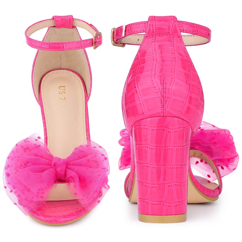 Perphy Ankle Strap Stone Printed Chunky Heel Hot Pink Bow Sandals for Women 8 M US - Image 4