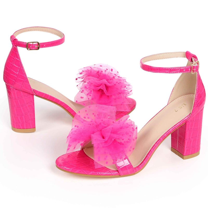 Perphy Ankle Strap Stone Printed Chunky Heel Hot Pink Bow Sandals for Women 8 M US - Image 3