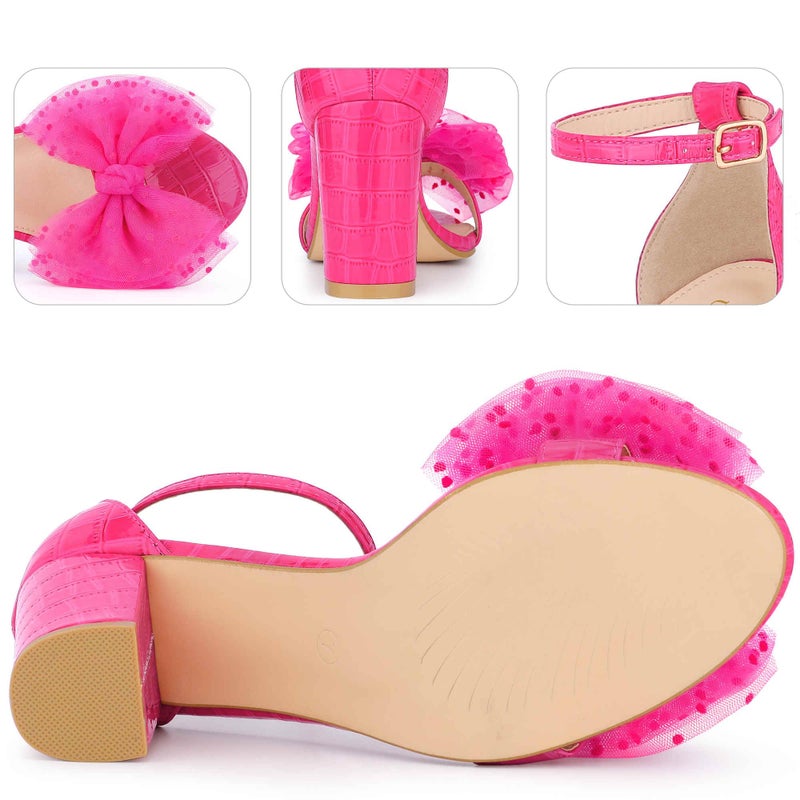 Perphy Ankle Strap Stone Printed Chunky Heel Hot Pink Bow Sandals for Women 8 M US - Image 5