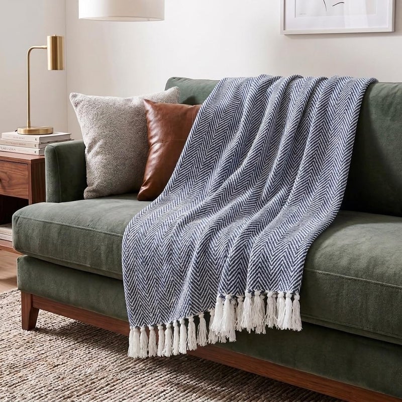 Americanflat 100% Cotton Throw Blanket for Couch - 50x60 in - All Seasons Neutral Lightweight Cozy Soft Blankets & Throws for Bed, Sofa or Chair. Indoor or Outdoor Use [Navy White Herringbone] - Image 1