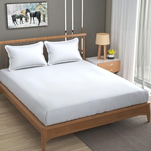 Outlay Home Solid Plain 100% Cotton Bedsheet - Ultra Soft, Breathable, and Durable King/Queen Size Bedsheet with 2 Pillow Cover (White) - Image 1