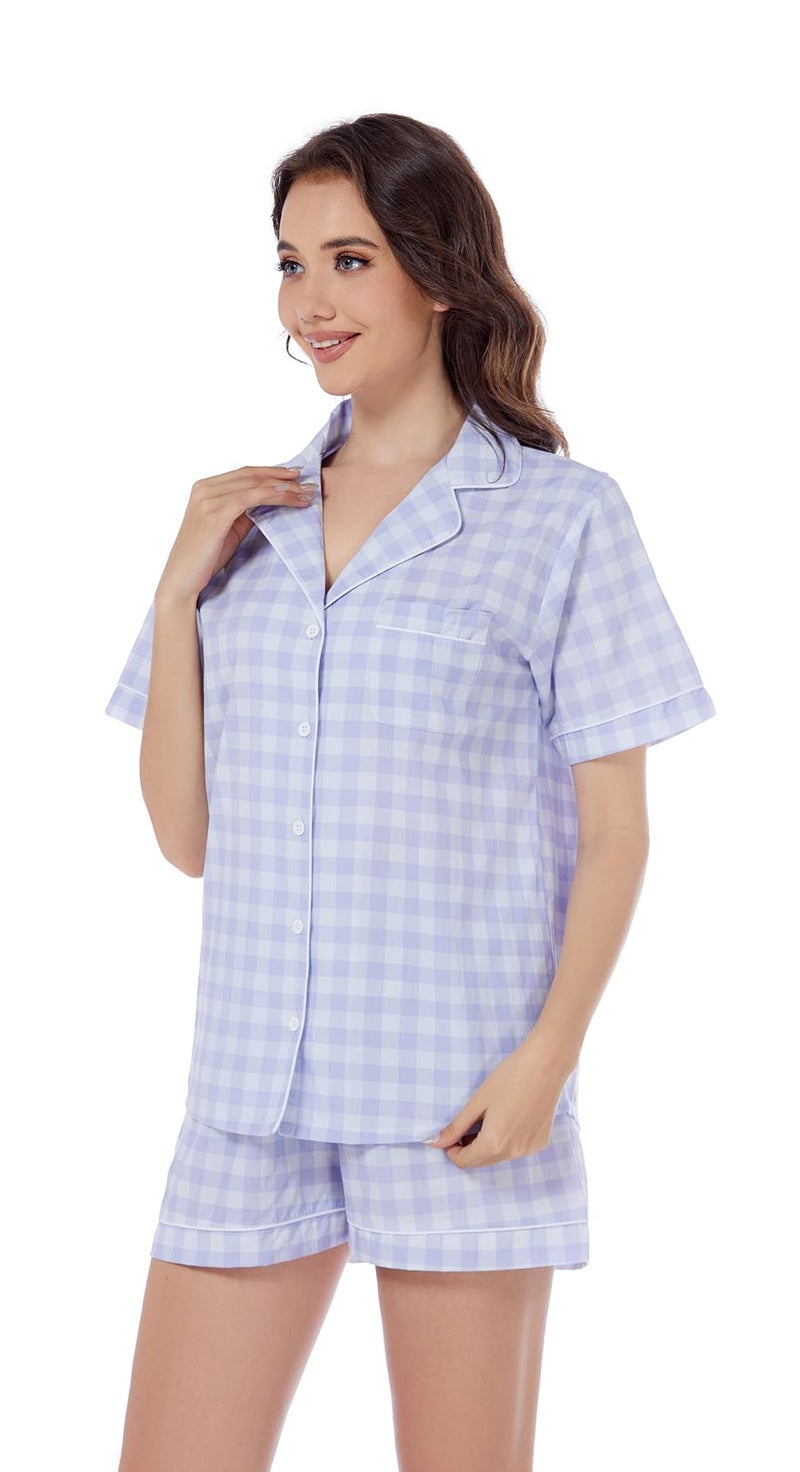 LUBOT 100% Cotton Women's Pajamas Set Button-Down Two-piece PJ Set Short Sleeve Printed Patterned Summer Sleepwear Loungewear (Purple Plaid, M) - Image 2