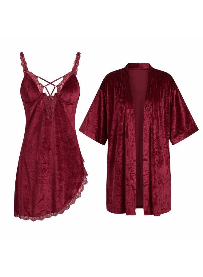 Velvet lingerie set with side slit and lace trim - Image 1