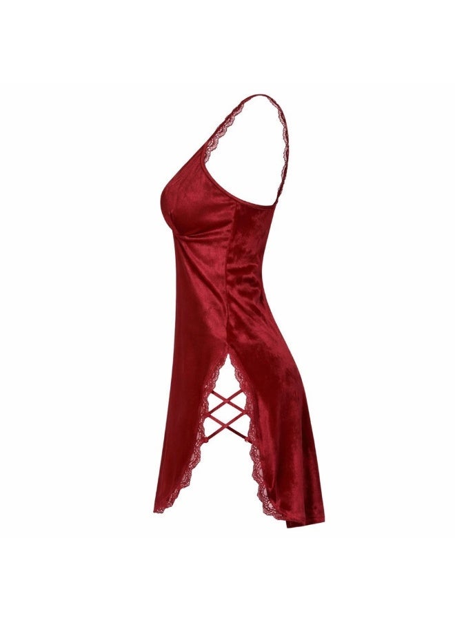 Velvet lingerie set with side slit and lace trim - Image 2