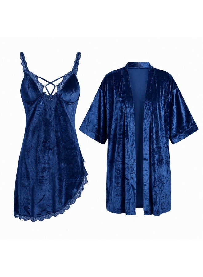 Velvet lingerie set with side slit and lace trim - Image 3