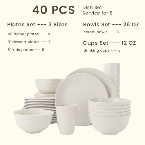 Homienly 40 Pieces Wheat Straw Dinnerware Set Service for 8 Lightweight Roud Plates and Bowls Set Unbreakable Dishes Set Dinner Plates Bowls CupsMicrowave and Dishwasher SafeWhite - Image 3